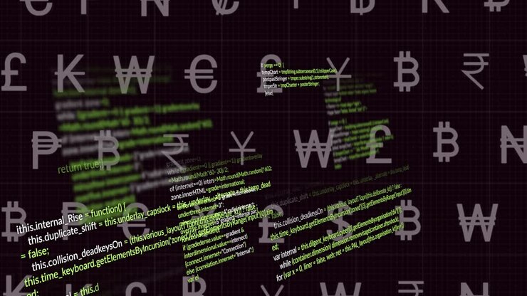 Code snippets sliding in from right clustering over currency grid, visualizing financial data