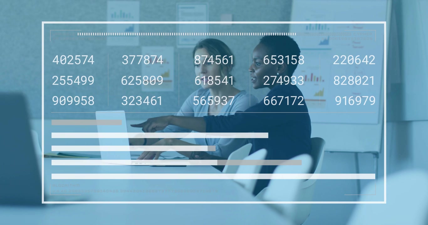 Two women pointing, typing at laptop, starting number grid, bars growing then receding for business