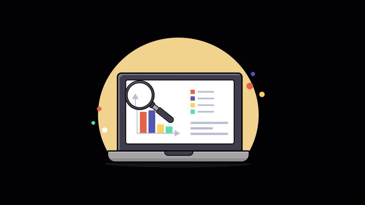 Animated Laptop Displaying Data Analysis with Magnifying Glass