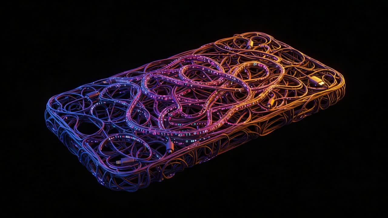 A Captivating Visual Display of an Artistic Smartphone Design, Showcasing Intricate Wire Patterns and Vibrant Color Gradients Against a Dark Background