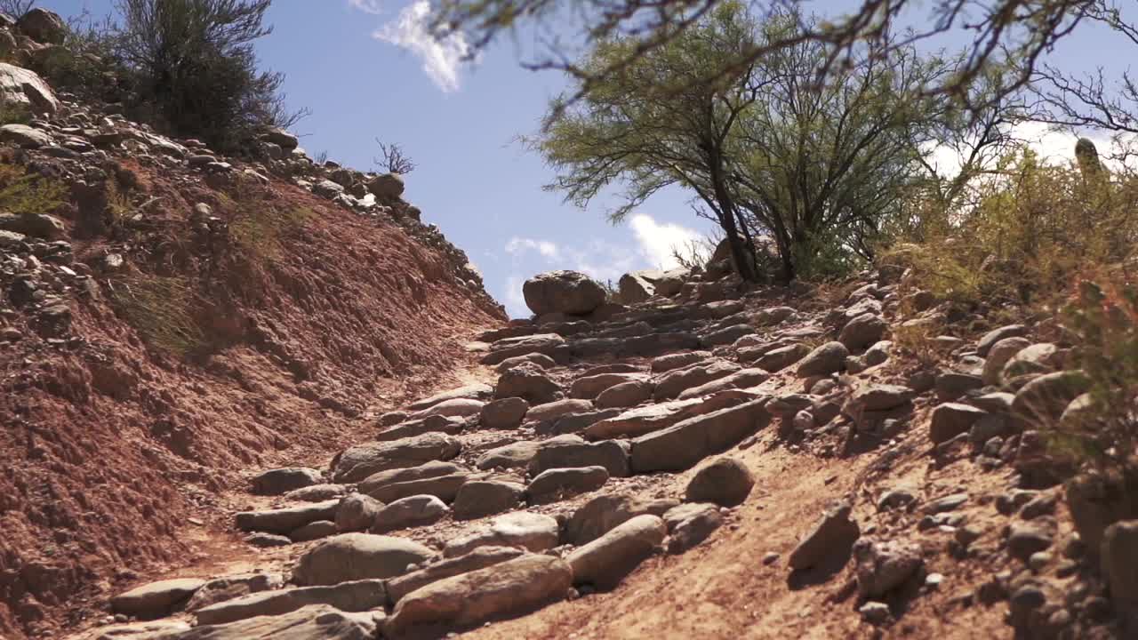 Looking up a steep stone hiking path in mountains