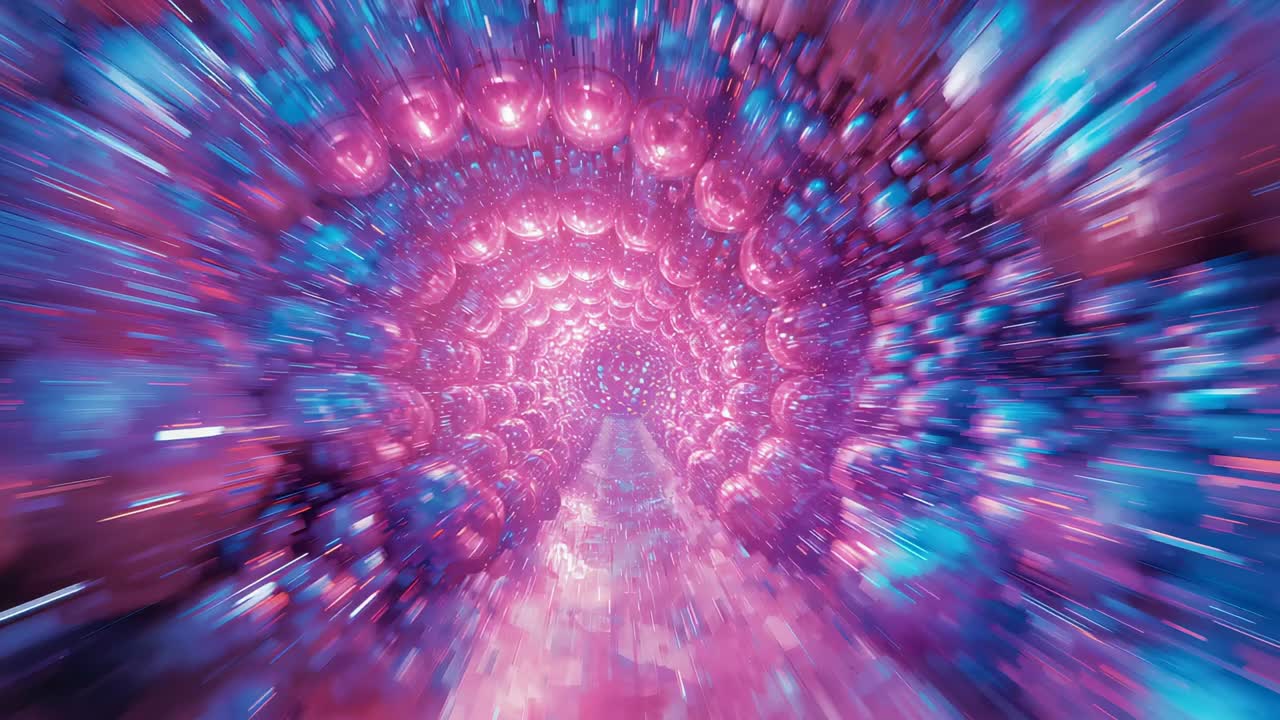 Iniciando movimiento de cámara a través de un túnel esférico rosa con partículas azules, enfatizando el movimiento