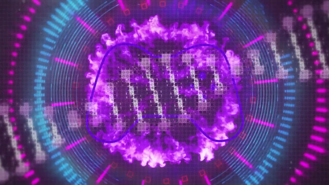 Animazione di un'icona di gamepad con filamento di DNA su forme e sfondo nero.