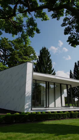 modern glass and marble building in a serene garden setting