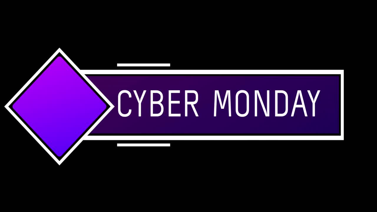 texto blanco y púrpura de cyber monday que aparece contra una pantalla negra