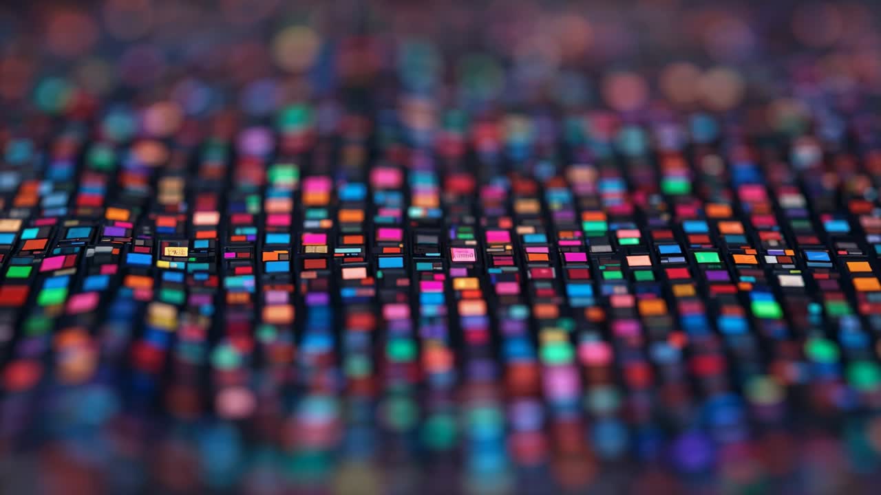 Moving camera revealing rows across dense tile grid in studio setup, pink flare raising reflections