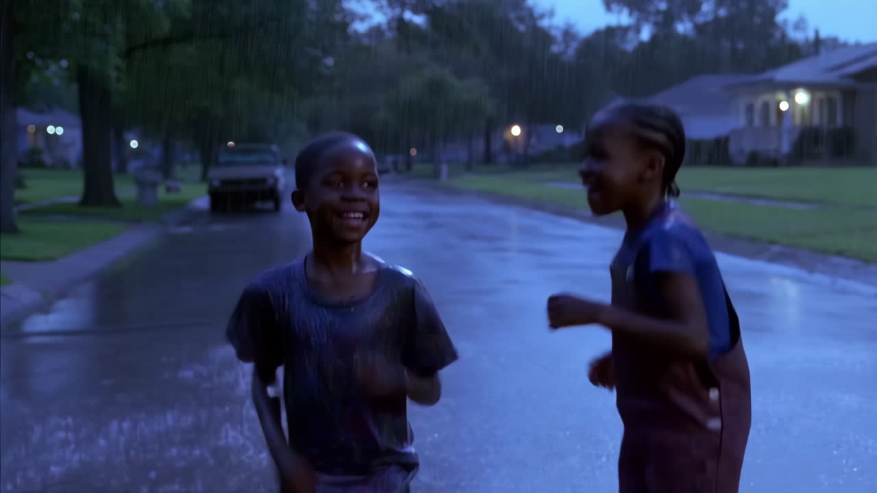 Children playing happily in the rain on a street
