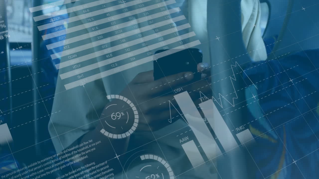 Animation of financial data processing over african american woman using smartphone