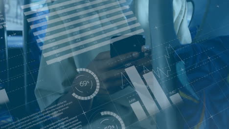animation of financial data processing over african american woman using smartphone