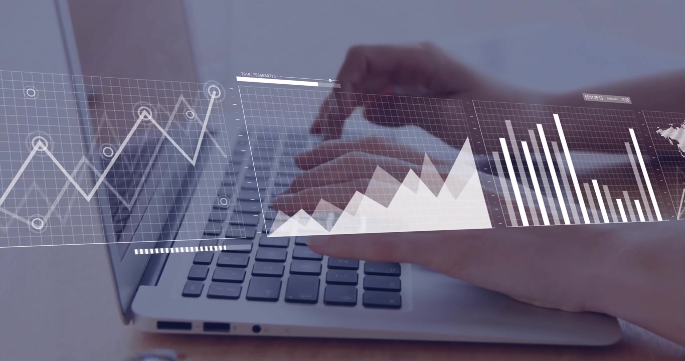 Data analyst typing on laptop, animating line, area, bar charts with world map for metrics analysis