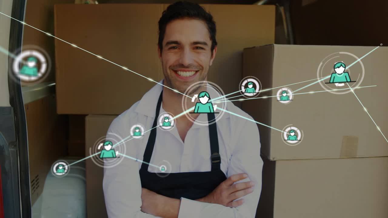 Animazione di una rete di connessioni e icone su un operaio di magazzino