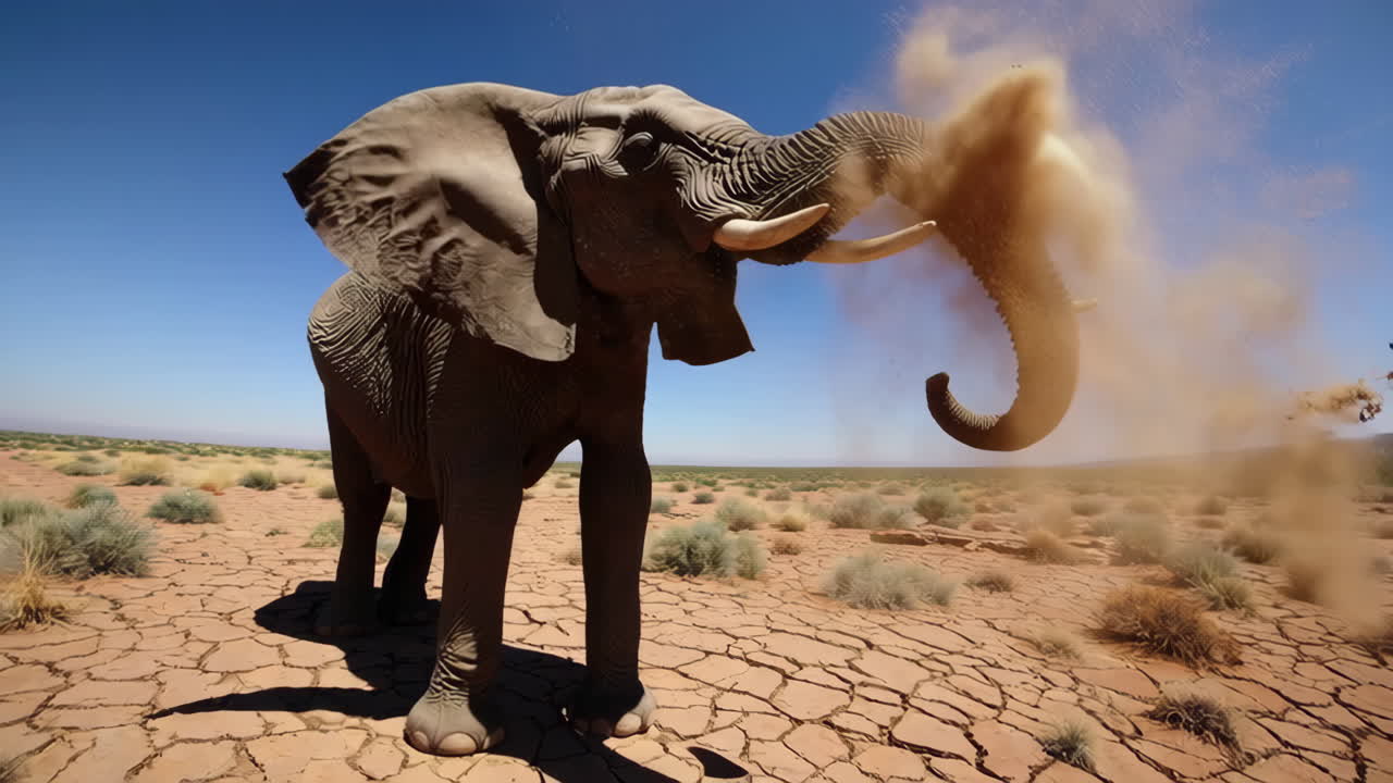 An elephant taking a dust bath in a dry, cracked desert