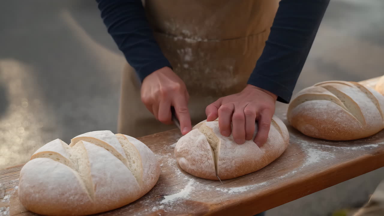 A person slicing freshly baked artisan bread on a wooden board