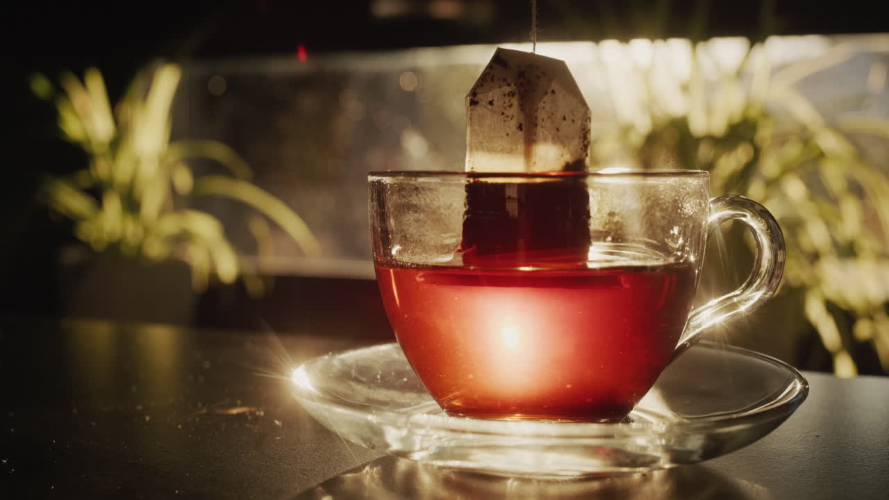 차 가방 을  ⁇ 는 물 한 잔 에 담아 놓는다. 태양 은 창문 에서 아름답게 빛난다 - 좋은 날 의 시작