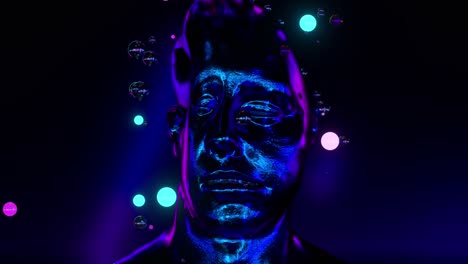 cabeza metálica futurista con burbujas brillantes