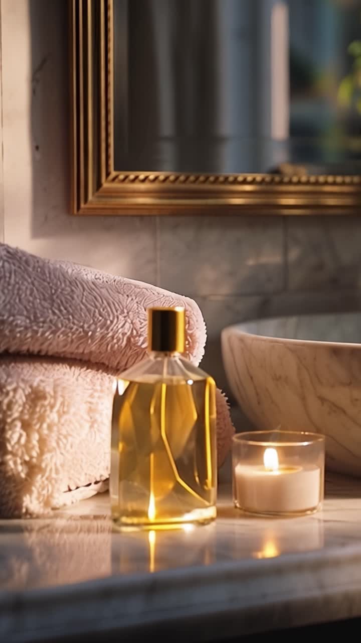 Scène de salle de bain élégante avec des serviettes douces, un flacon de parfum en verre et une bougie allumée, créant une atmosphère sereine et luxueuse pour la relaxation et les soins personnels