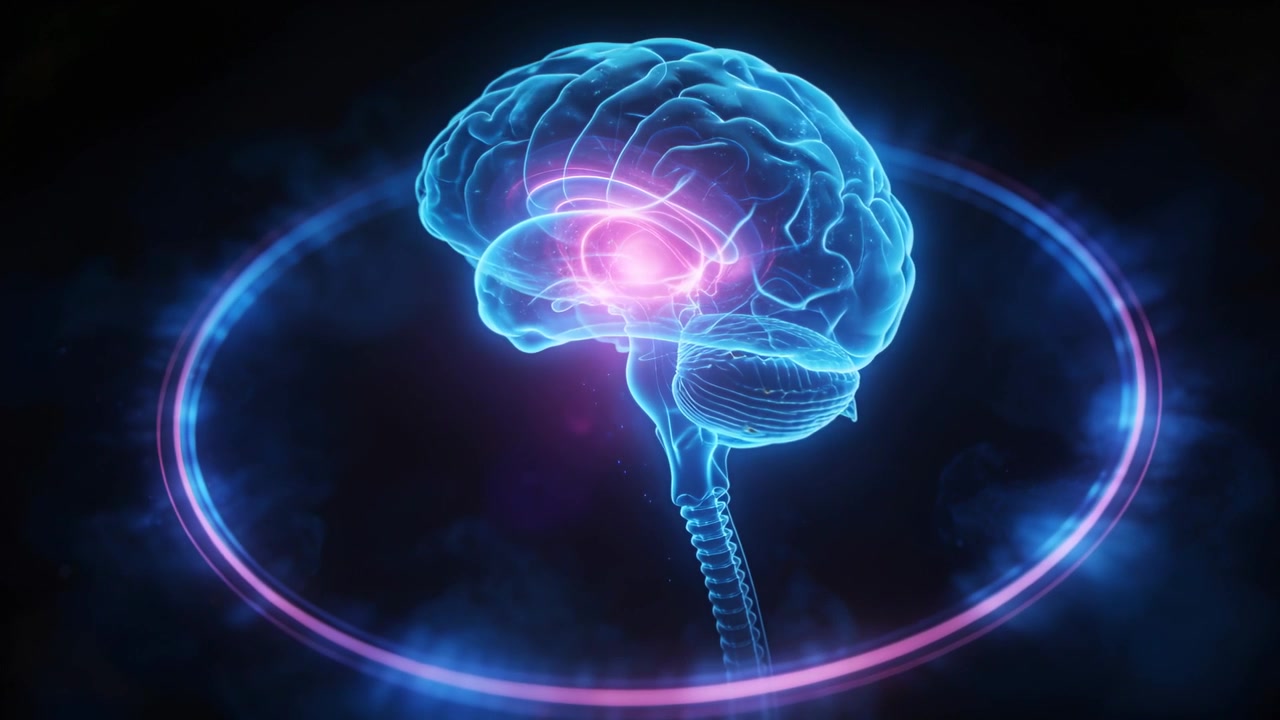 Pulsing cyan brain with brainstem, magenta core brightening, emitting rings in 3D space, neon haze