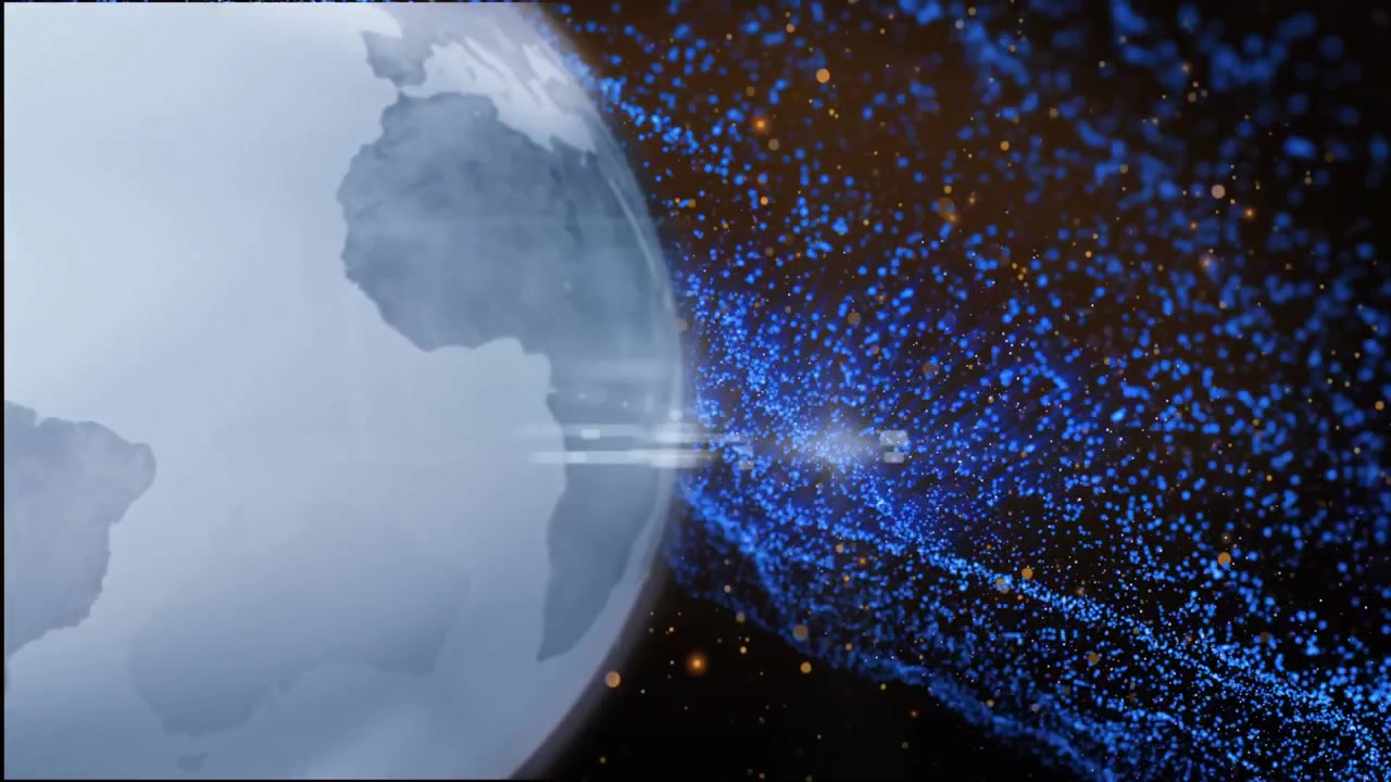 Particle ribbon entering right, speeding toward globe, brushing globe, pulsing light, showing tech