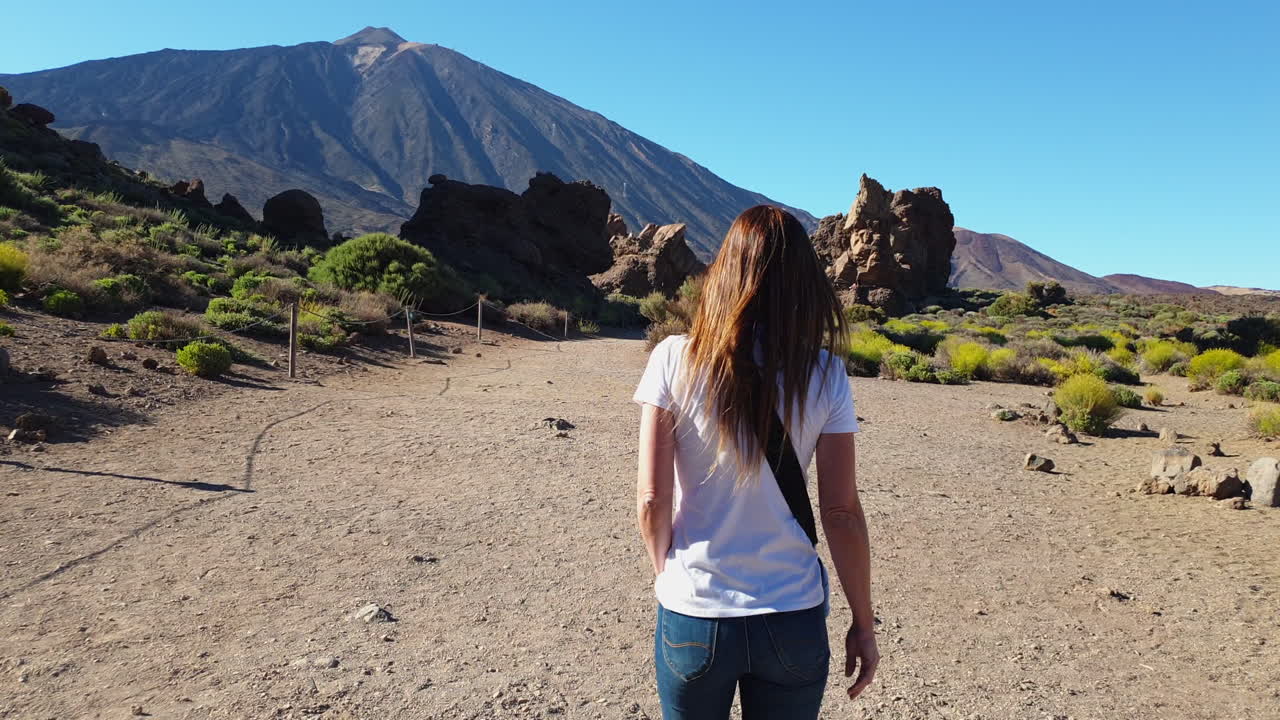 A female traveler wearing a face mask walks along a scenic volcanic trail in Teide National Park, Tenerife, capturing the rocky landscape and serene surroundings in slow motion.