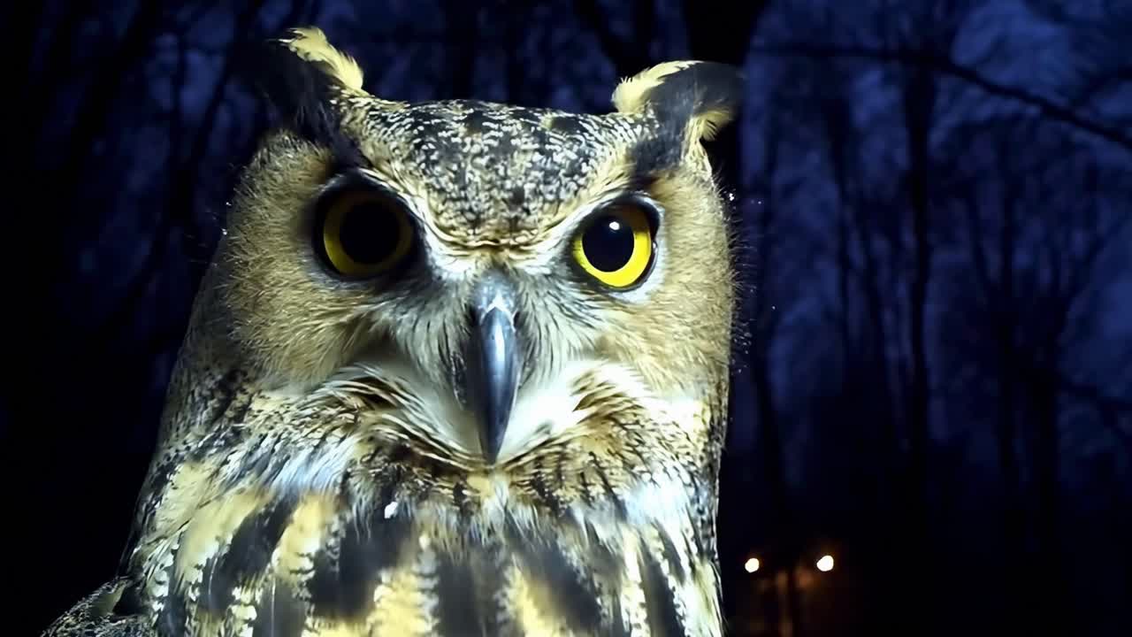 Nattlig berguv med blinkande ljusgula ögon.
