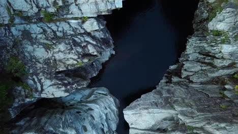 Toma-Aérea-De-La-Vista-Superior-Del-Río-De-Montaña-Salvaje-Del-Río-De-Montaña-Fresco-En-Rocas-Suizas