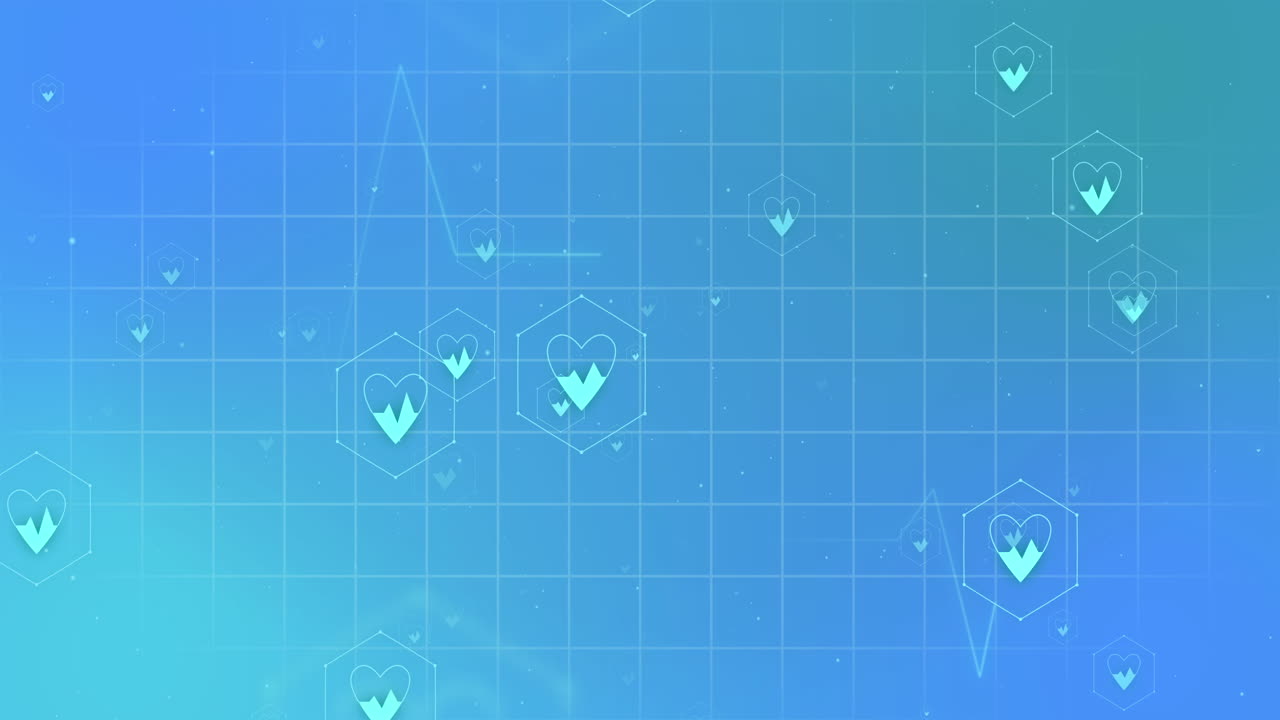 의료 아이콘의 애니메이션과 파란색 배경의 그리드 상의 데이터 처리