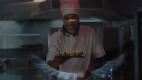 Animation-of-gas-hob-over-male-chef-serving-sushi