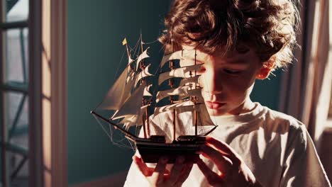 curious young boy holding and observing a beautiful scale model of a galleon near a window in a sunny day, dreaming of adventures and travels