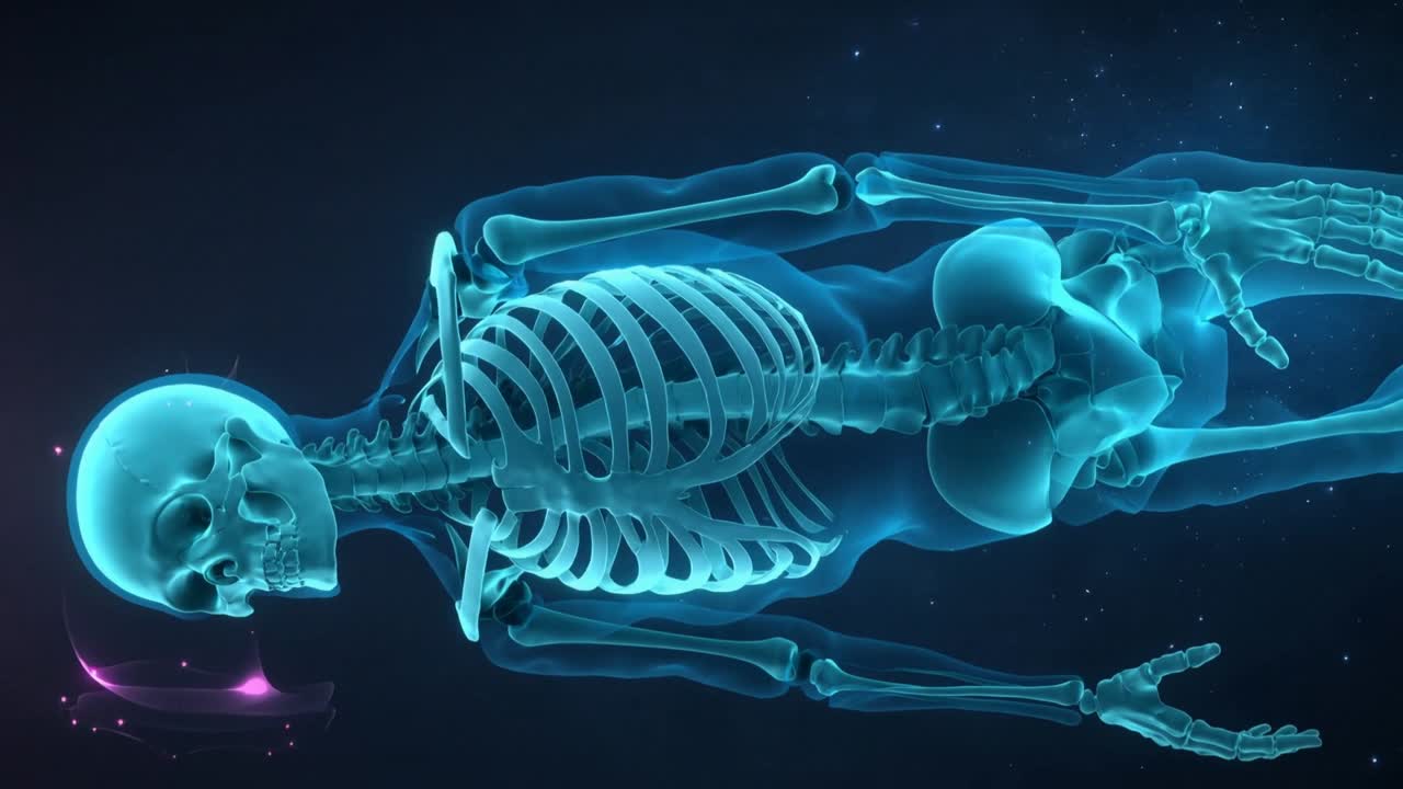 Intensifying purple light causing rotating cyan skeleton revealing pelvis and hands in dark space