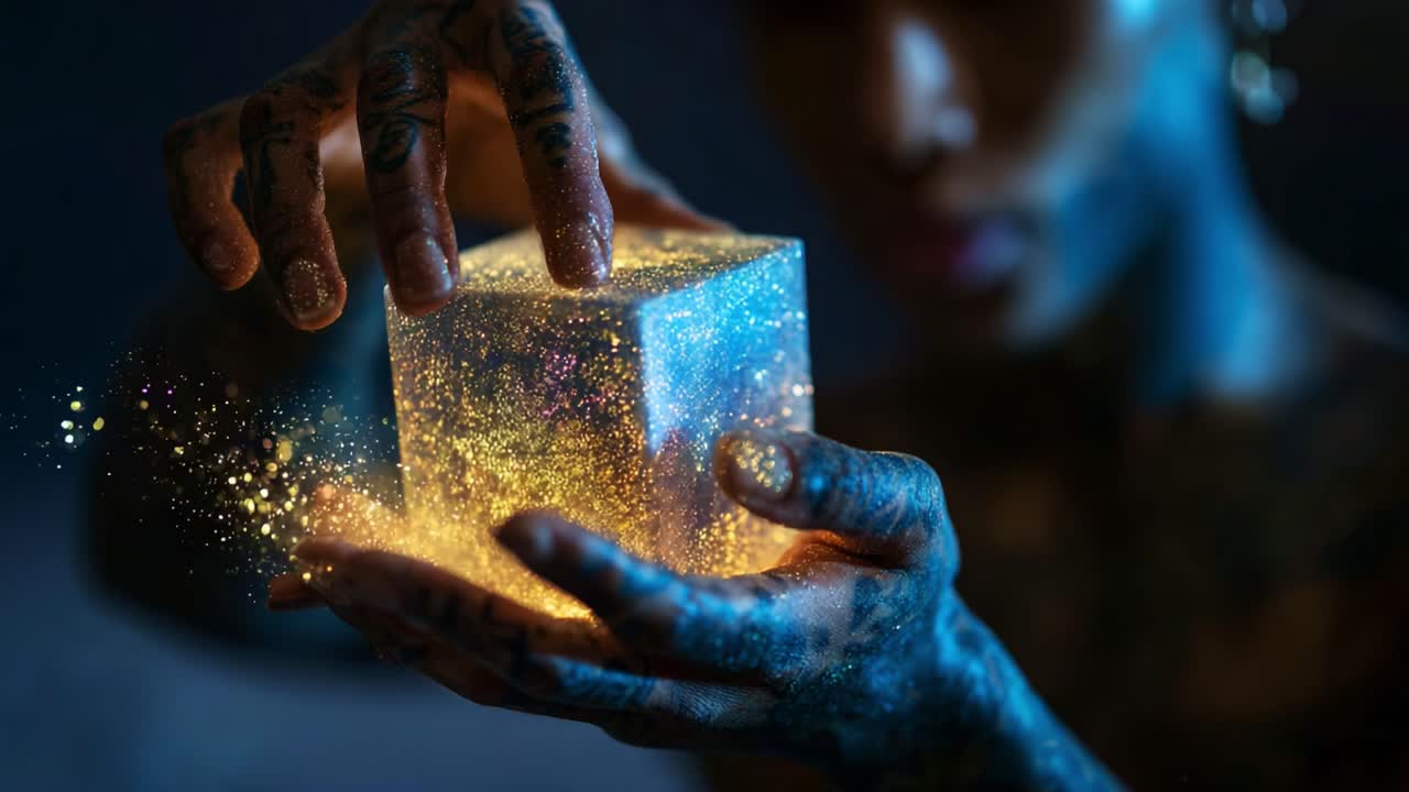 A Mystical Encounter with a Glowing Cube: Capturing the Transcendental Moment of Transformation and Enlightenment Through the Art of Light and Shadow in a Fantastical Realm