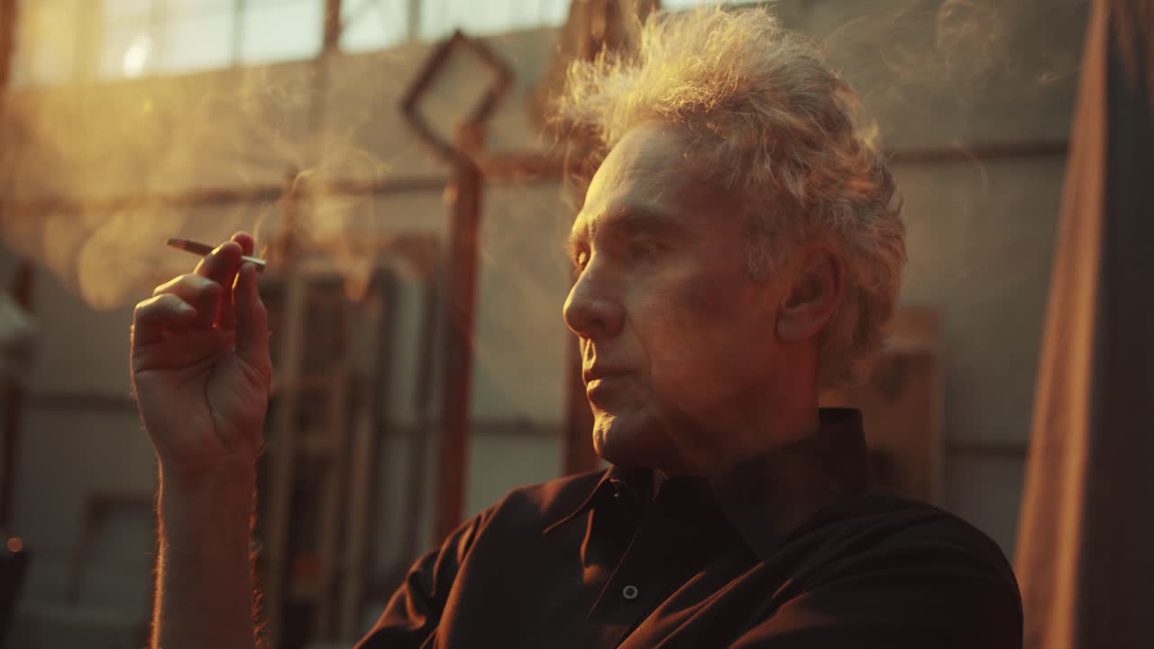 video en cámara lenta de un hombre mayor con cabello gris fumando un cigarrillo mientras está sentado en su garaje después de trabajar en su vieja motocicleta