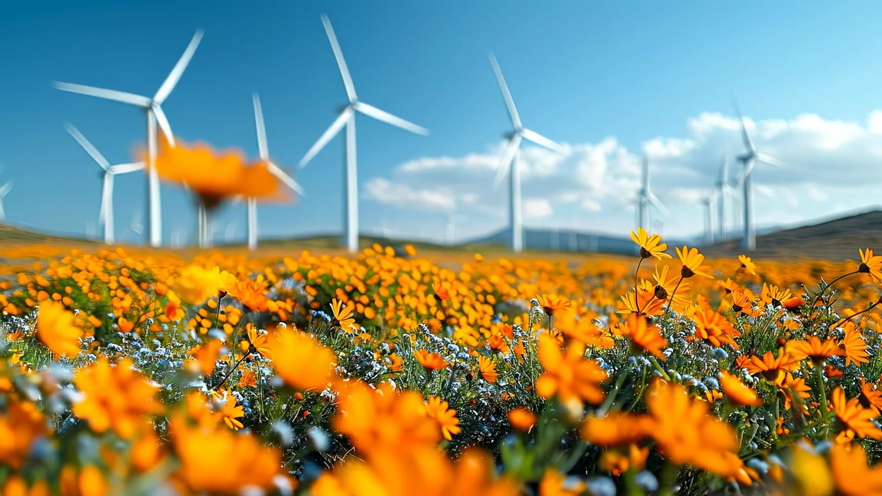 Turbine eoliche in un campo di fiori selvatici arancioni sotto un cielo blu. Le turbine eoliche si ergono in un vasto campo di fiori arancioni e gialli sotto un cielo azzurro limpido con messa a fuoco selettiva.