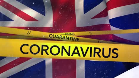 Animation-of-the-United-Kingdom-flag-over-yellow-stripes-with-information-written-on-it