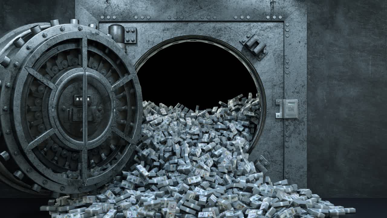 Opening of the vault door in bank with a lot of money