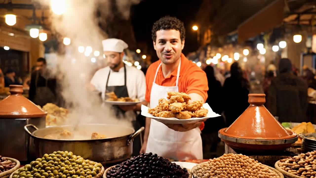Friendly Street Food Vendor Offering a Plate of Fried Food