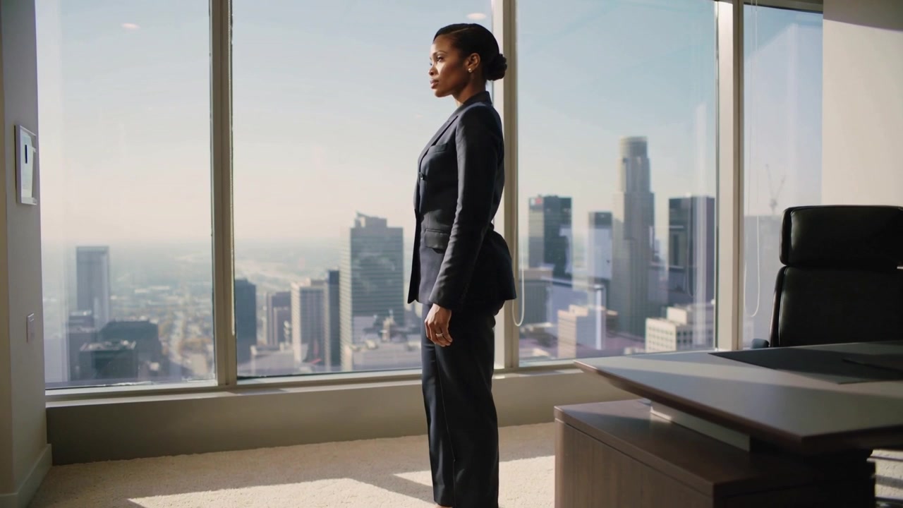 Spotting skyline, turning woman in suit rotating to floor-to-ceiling window in office, viewing city
