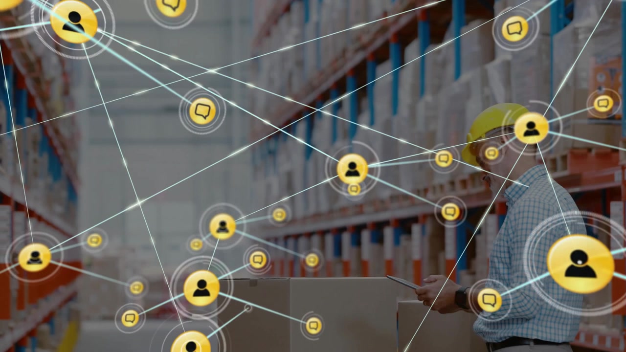 Supervisor tapping tablet in aisle, generating nodes growing across boxes, chats tracking stock