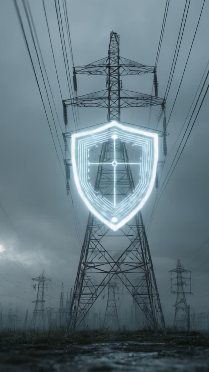 Una Rappresentazione Futuristica di una Torre Elettrica Illuminata da un Simbolo a Scudo Luminoso, che Rappresenta Sicurezza e Protezione in un Paesaggio Digitale Sotto un Cielo Inquietante
