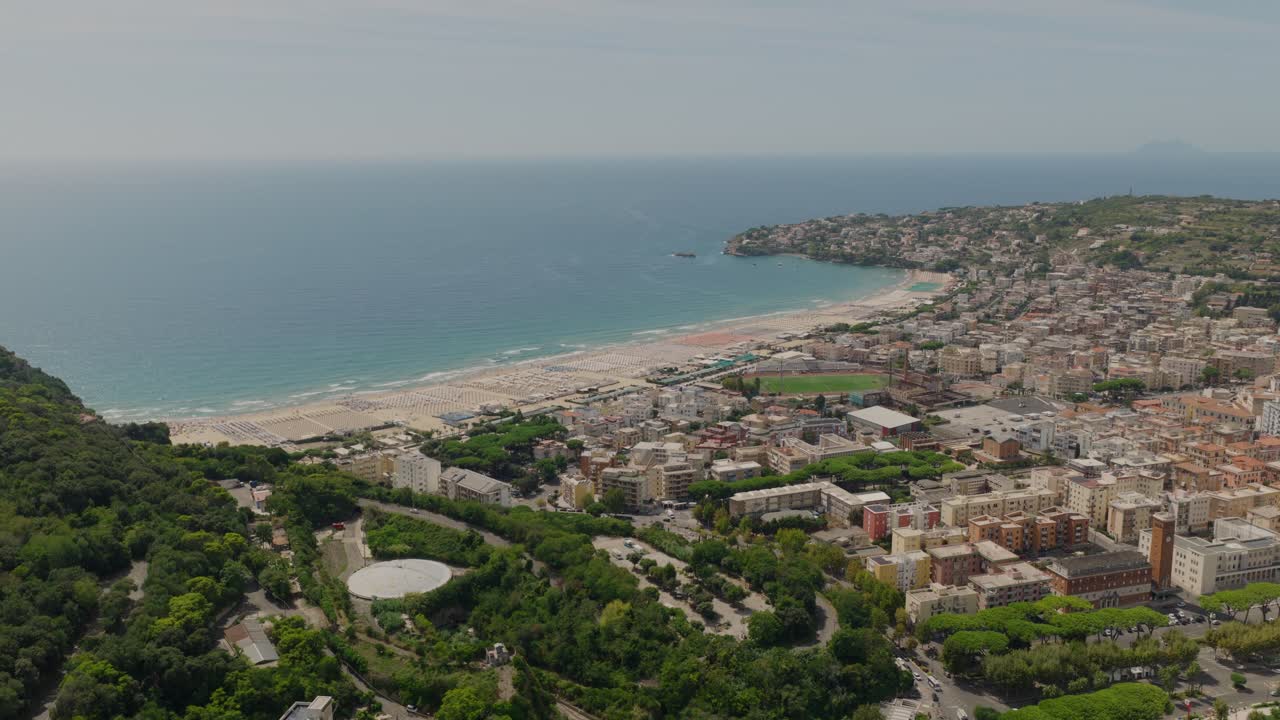 Panoramic View Of Serapo Public Beach In Gaeta, A Coastal Town In The Lazio Region Of Italy. Aerial Shot