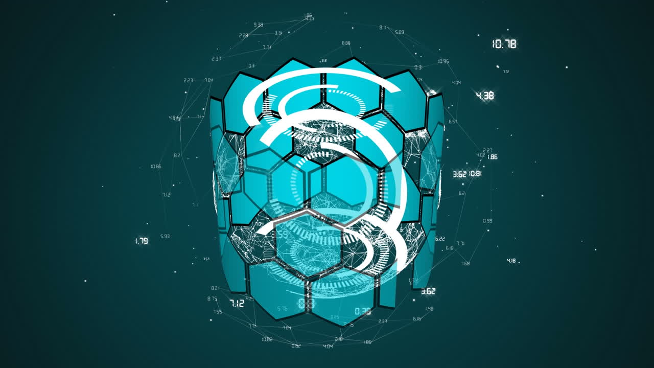 la animación digital muestra el procesamiento de datos con un cilindro hexagonal giratorio.