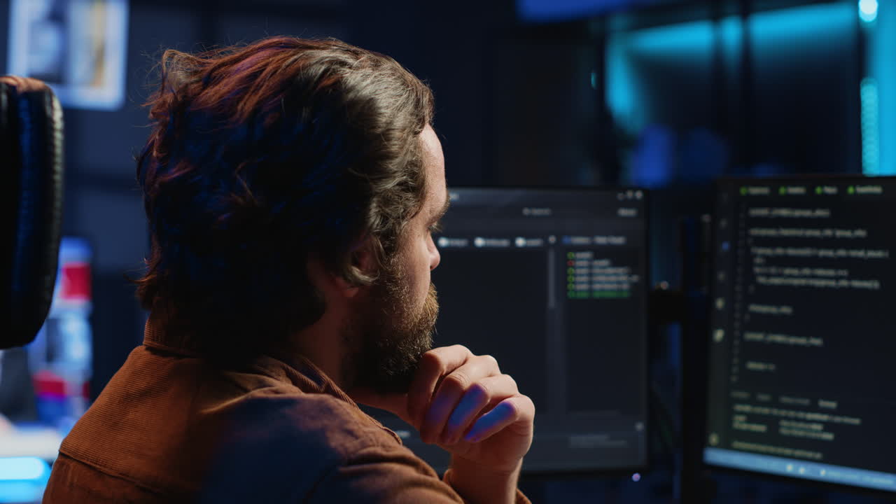 Software engineer puzzled in front of computer screen while writing complex code