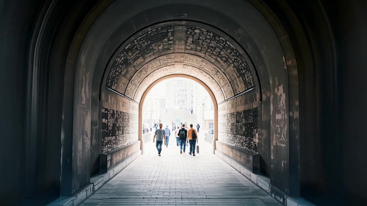 Walking center trio wearing jackets moving toward sunlit exit through arch with suitcase to street