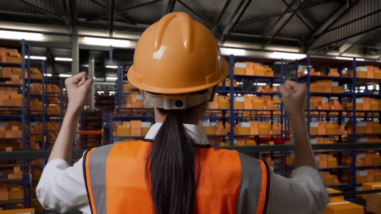 안전 헬을 입은 아시아 여성 엔지니어가 손을 들어 서서 배달품으로 가득 찬 선반으로 창고에서 일하는 것을 축하하고 있습니다.