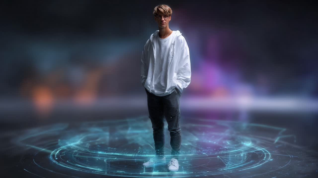 Una persona giovane in un'ambientazione futuristica, in piedi in un cerchio olografico di luce, che mostra una fusione di tecnologia e stile contemporaneo con un'atmosfera enigmatica.