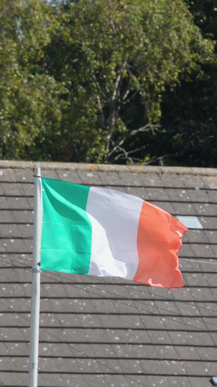 Bandiera irlandese sventola su un'asta sul tetto, piena luce del giorno, zona residenziale, leggera brezza estiva, Edimburgo.