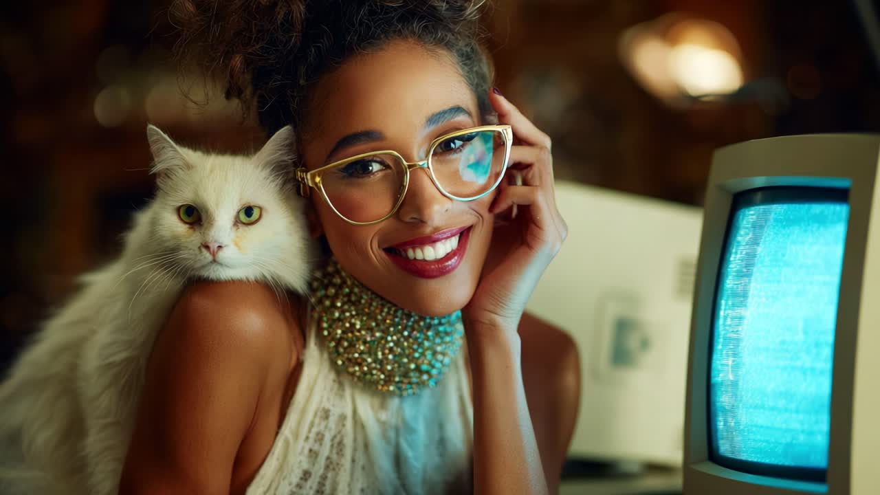 A Radiant Woman Smiling with Elegance, Showcasing a White Cat Resting on Her Shoulder, Against a Vintage Computer Background, Capturing a Playful and Stylish Atmosphere