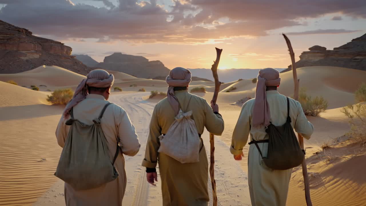 Emerging from dunes three travelers wearing loose robes walking sandy track, with staffs and sacks