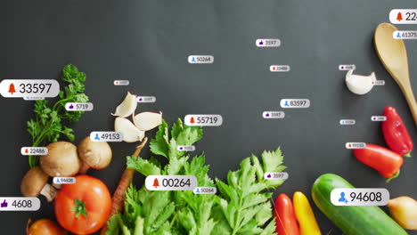 social media likes and follower counts animation over fresh vegetables on dark background