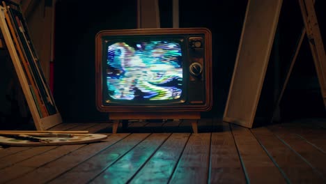 vintage tv in an art studio with abstract interference