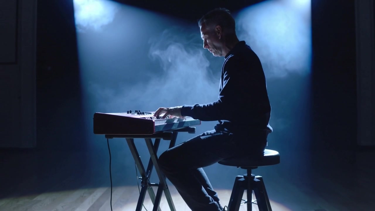 Kameraet trækker sig tilbage, voksen mandlig musiker iført mørk sweater spiller synthesizer på studioscene til et sæt.